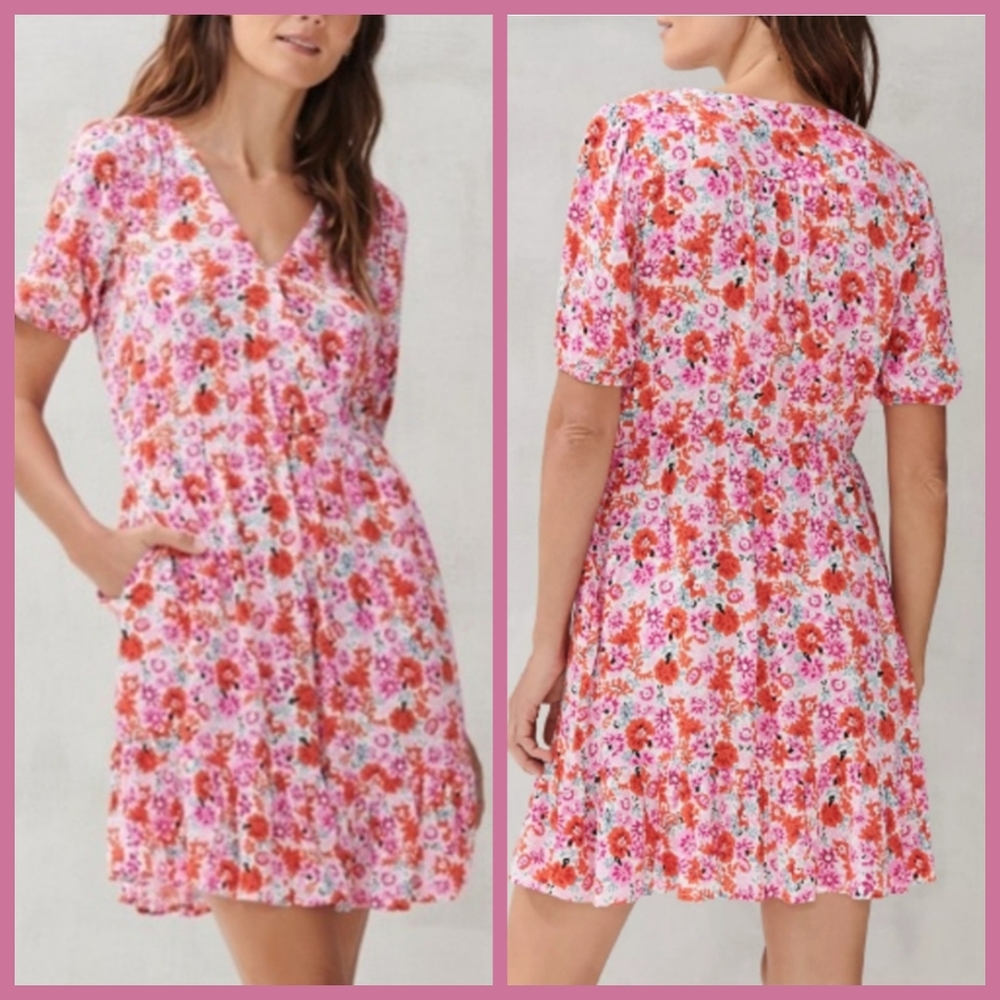 💐Lucky Brand💐 - Pink/Red/Orange Ditsy Floral Mila S/S Faux Wrap Dress
